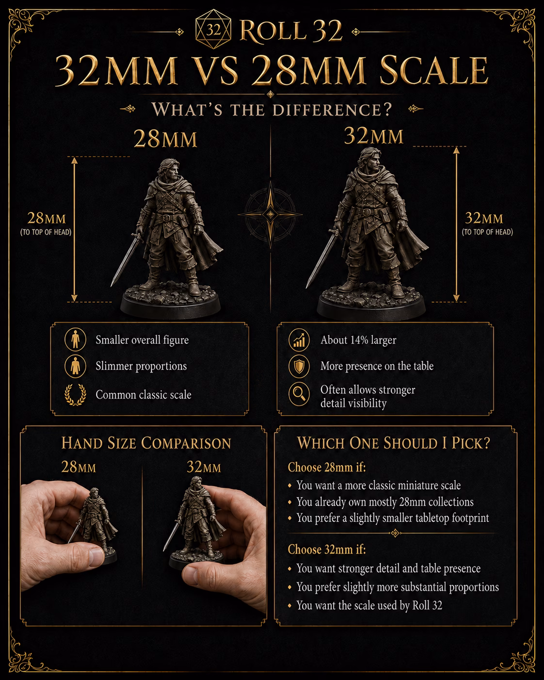 Roll 32 comparison of 28mm and 32mm tabletop figures. The 28mm figure is smaller overall and better matches many classic 28mm collections. The 32mm figure is about fourteen percent larger with stronger visual presence. The sculpt proportions and standard gameplay base footprint remain unchanged.